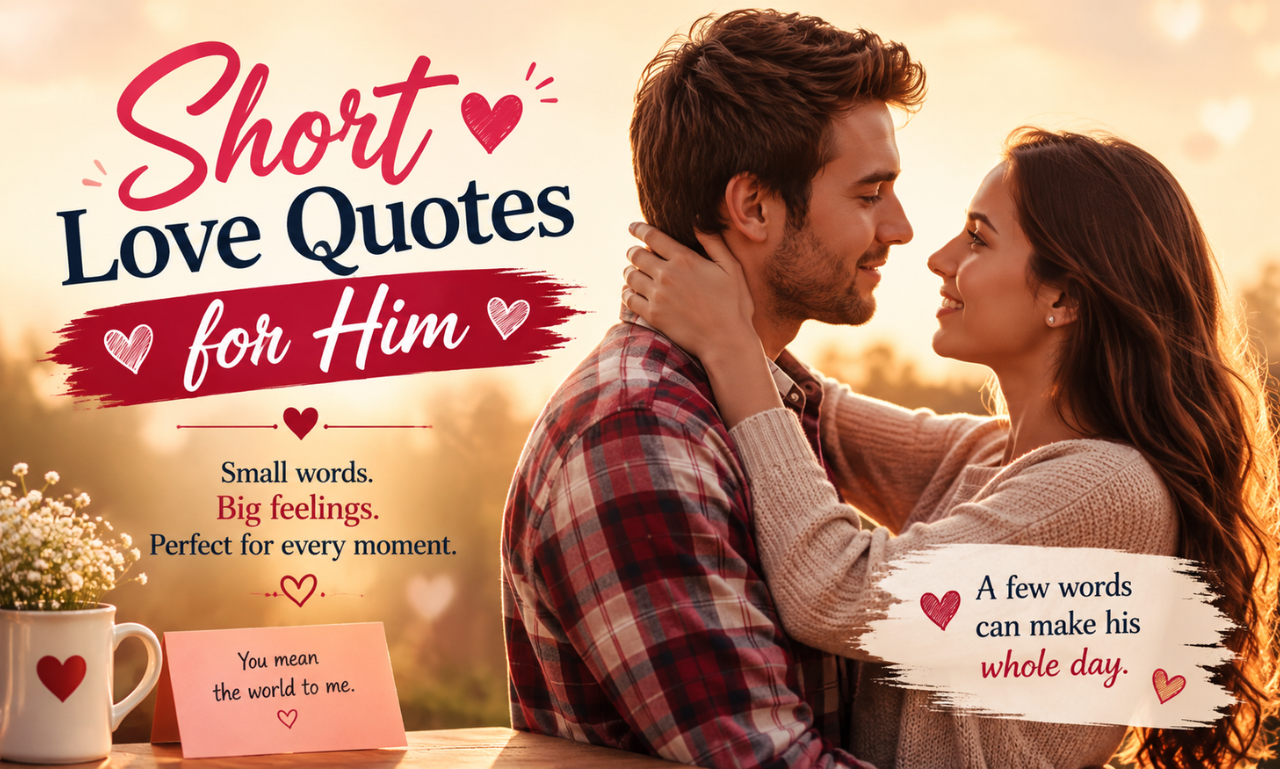 A smiling couple embracing outdoors with text reading Short Love Quotes for Him.