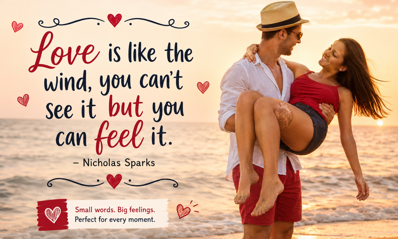 A man carrying a woman in his arms on a beach at sunset with a quote by Nicholas Sparks.
