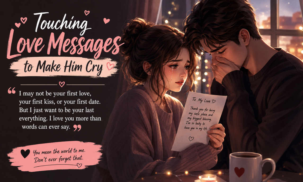 Anime-style emotional couple reading a love letter with text reading Touching Love Messages to Make Him Cry.
