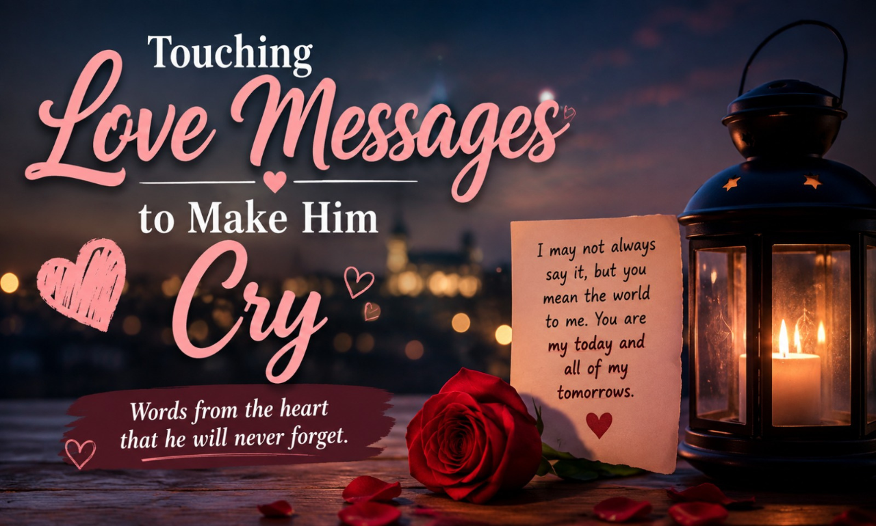 A red rose, a lit lantern, and a love note card with text reading Touching Love Messages to Make Him Cry.