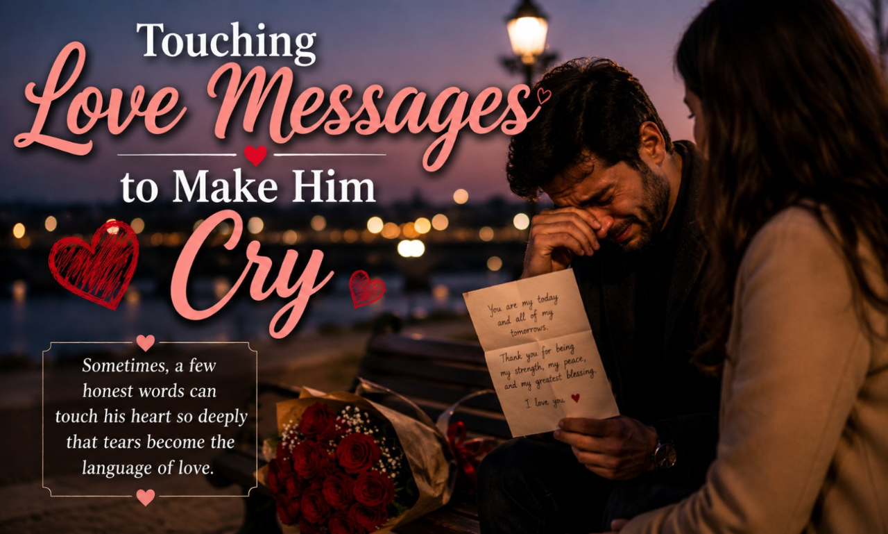 A man crying while reading a love letter next to a woman with text reading Touching Love Messages to Make Him Cry.