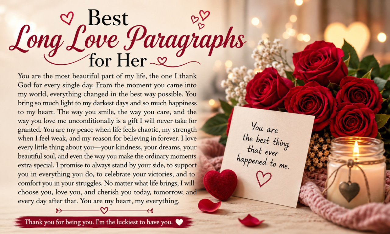 Red roses, a candle jar, and a handwritten card next to Best Long Love Paragraphs for Her text.