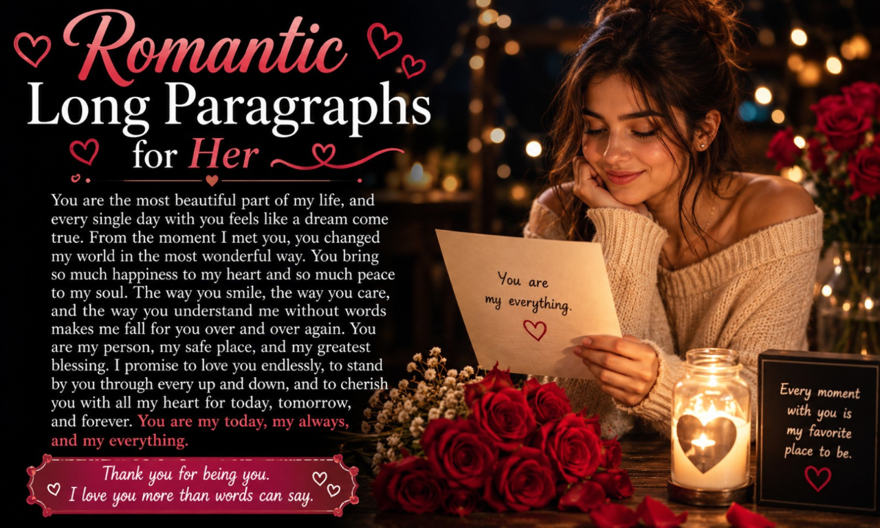 A smiling woman holding a love card next to red roses and a candle, titled Romantic Long Paragraphs for Her.