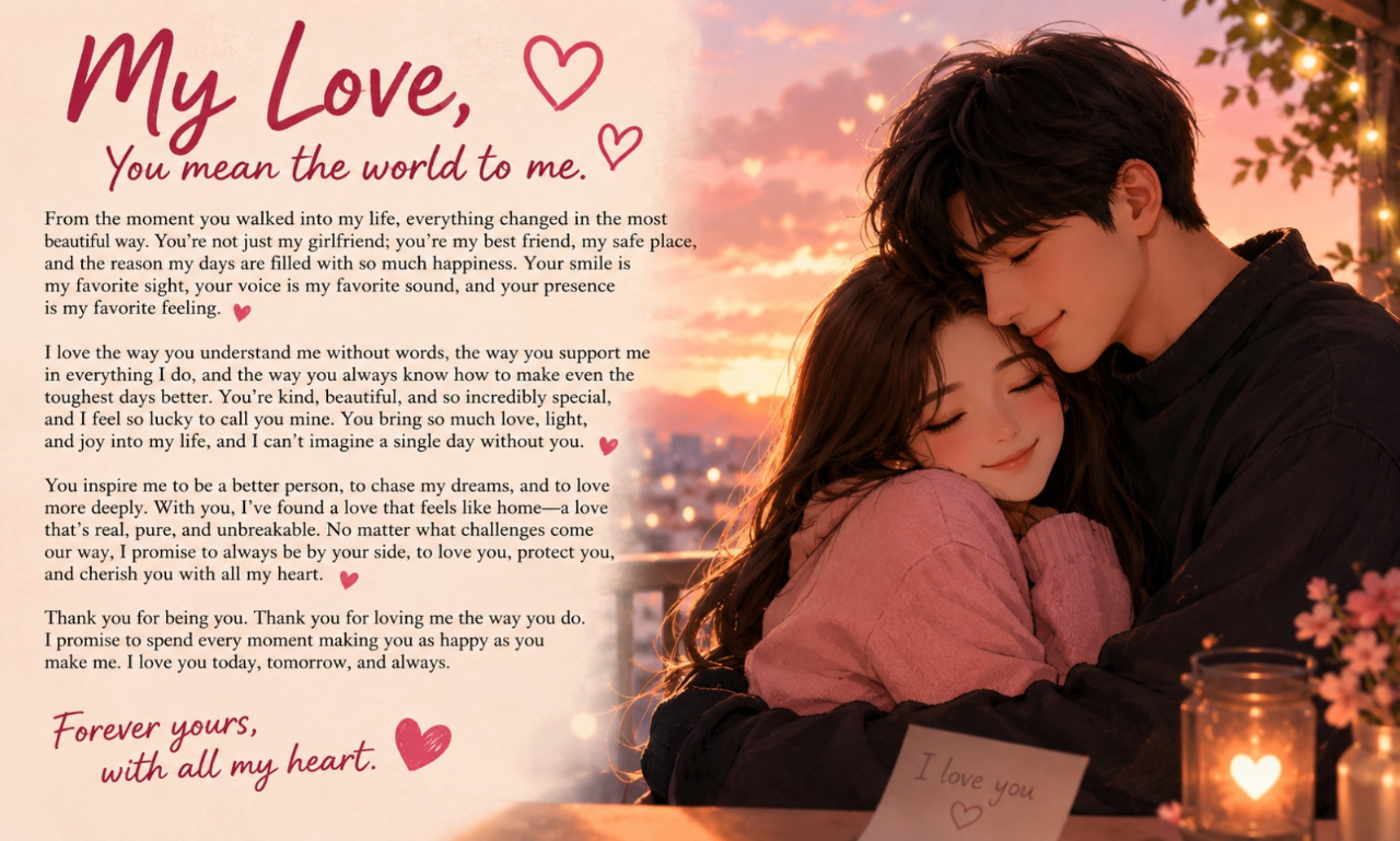 Anime-style couple embracing on a balcony at sunset with a long love message titled My Love, You mean the world to me.