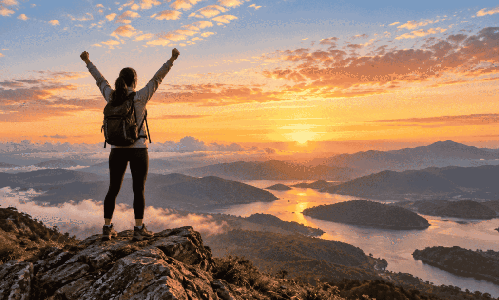 Person standing on a mountain peak with arms raised at sunrise, overlooking a vast valley and winding lakes, symbolizing ambition, success, and dreaming big.