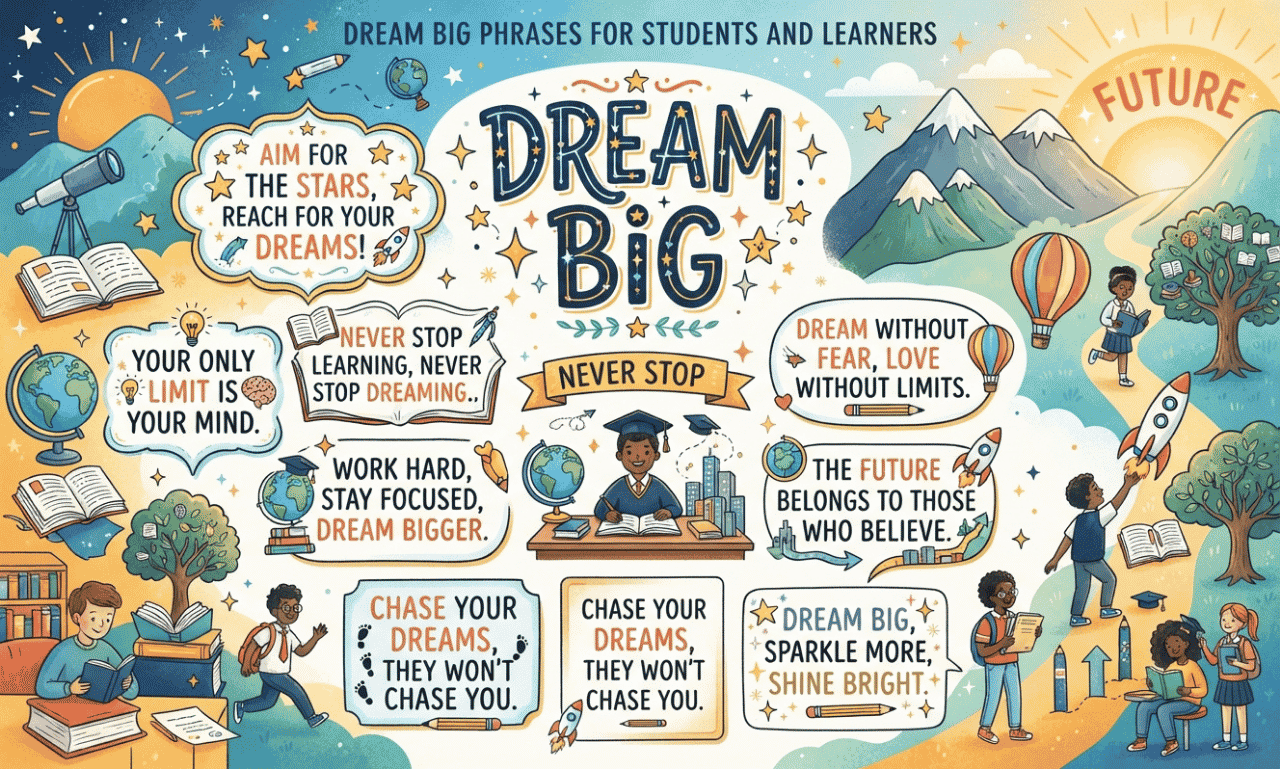 Illustrated infographic for students with the title "DREAM BIG PHRASES" and various motivational quotes like "Aim for the Stars" and "Your Only Limit is Your Mind" surrounded by diverse learners, books, telescopes, and rockets.