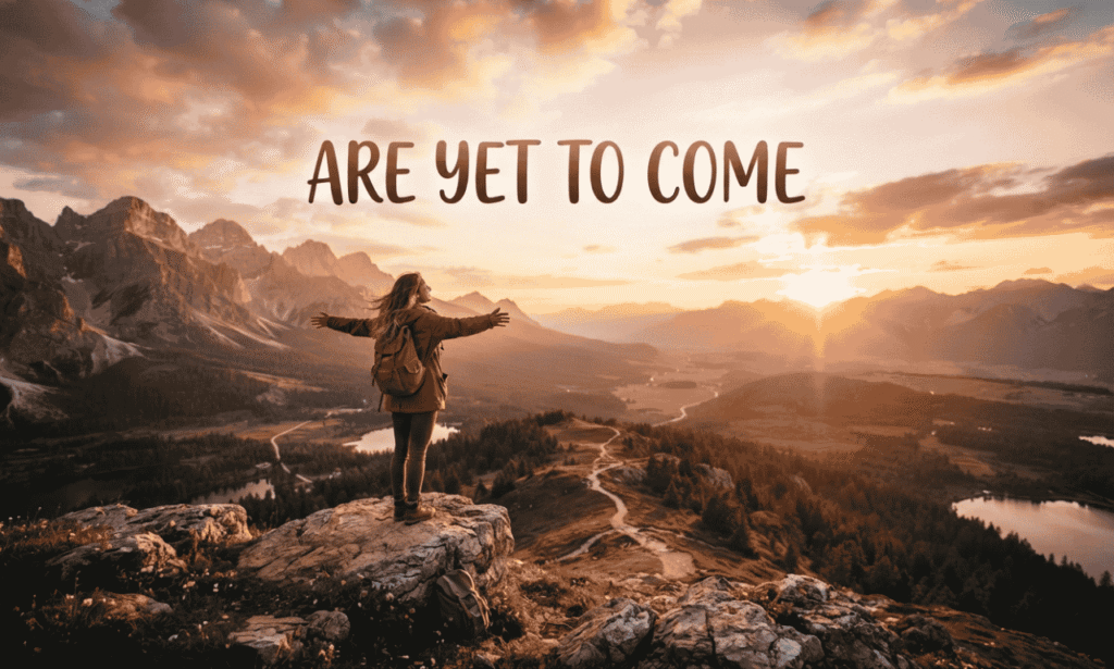 A traveler standing on a scenic mountain peak with arms outstretched, looking at a beautiful sunrise over a valley and lakes.