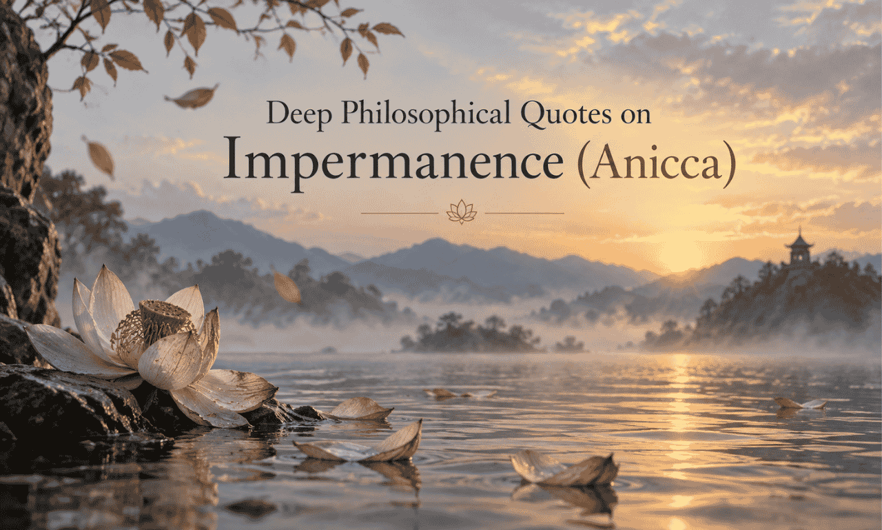 “Banner image with the title ‘Deep Philosophical Quotes on Impermanence (Anicca)’ over a serene sunrise lake scene featuring a lotus flower, drifting petals, misty mountains, and a distant temple.”