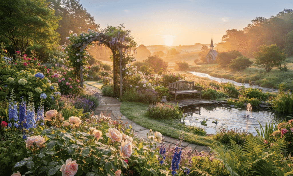 Peaceful garden with flowers, pond, and sunrise view symbolizing good morning blessings and prayers