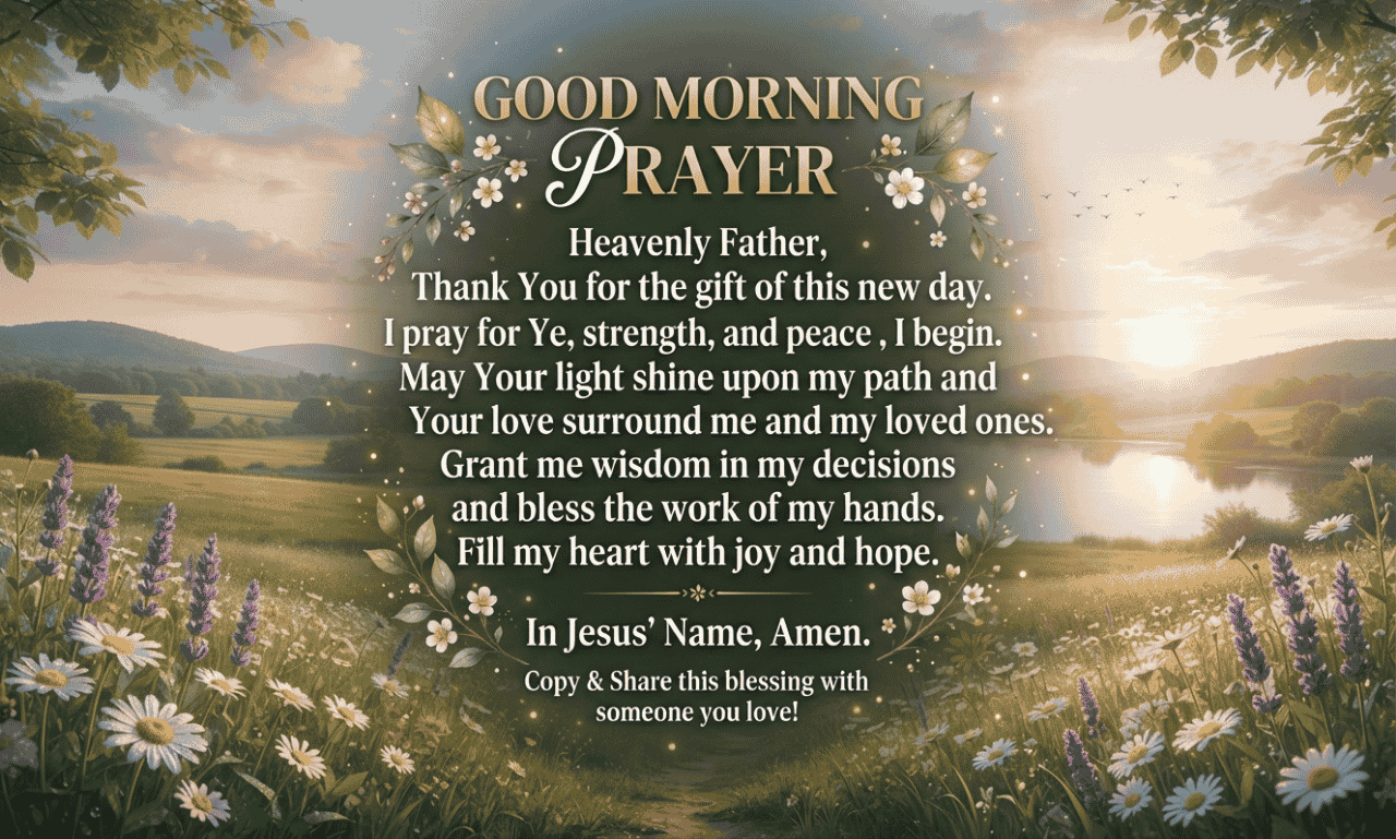 “Good morning blessings and prayers with sunrise, flowers, and a peaceful morning prayer message”