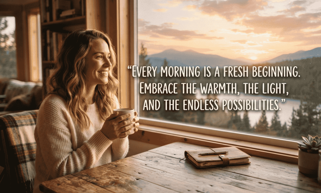 woman enjoying morning coffee with inspirational good morning quote and peaceful sunrise view