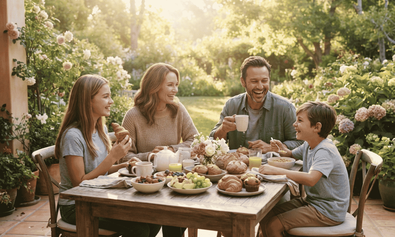 Positive good morning wishes with happy family enjoying breakfast together in a sunny garden
