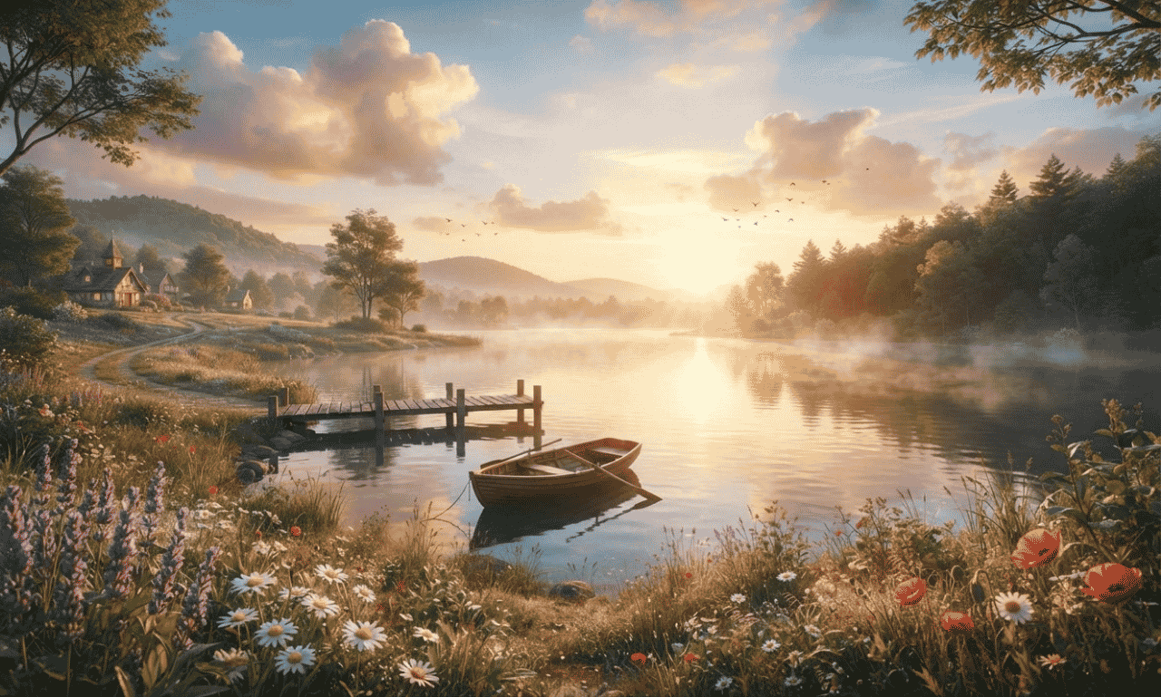 Positive good morning wishes with peaceful sunrise over a lake surrounded by flowers and nature