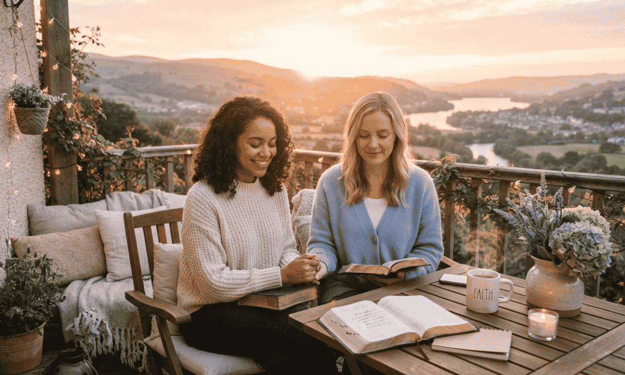 Good morning prayer for my friend with two friends sharing a peaceful prayer together during a beautiful sunrise