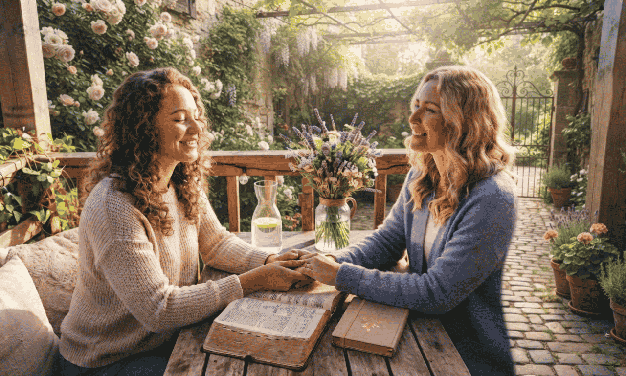 Two friends sharing a meaningful conversation and prayer together at a peaceful outdoor table surrounded by nature