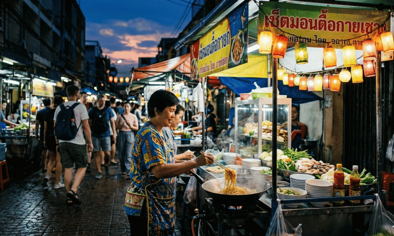 Busy Asian street market with local food stalls, street vendors, and people enjoying evening city life