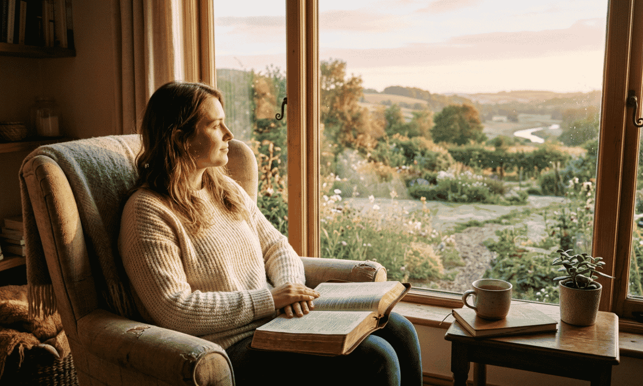 Sunday Morning Blessings with a woman praying peacefully in nature and feeling grateful for God's blessings