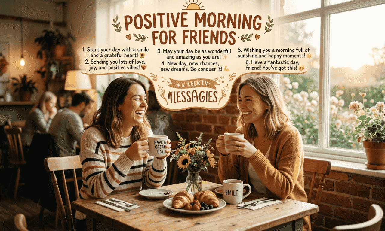 Positive Morning Messages for friends with two friends sharing a happy morning together over coffee