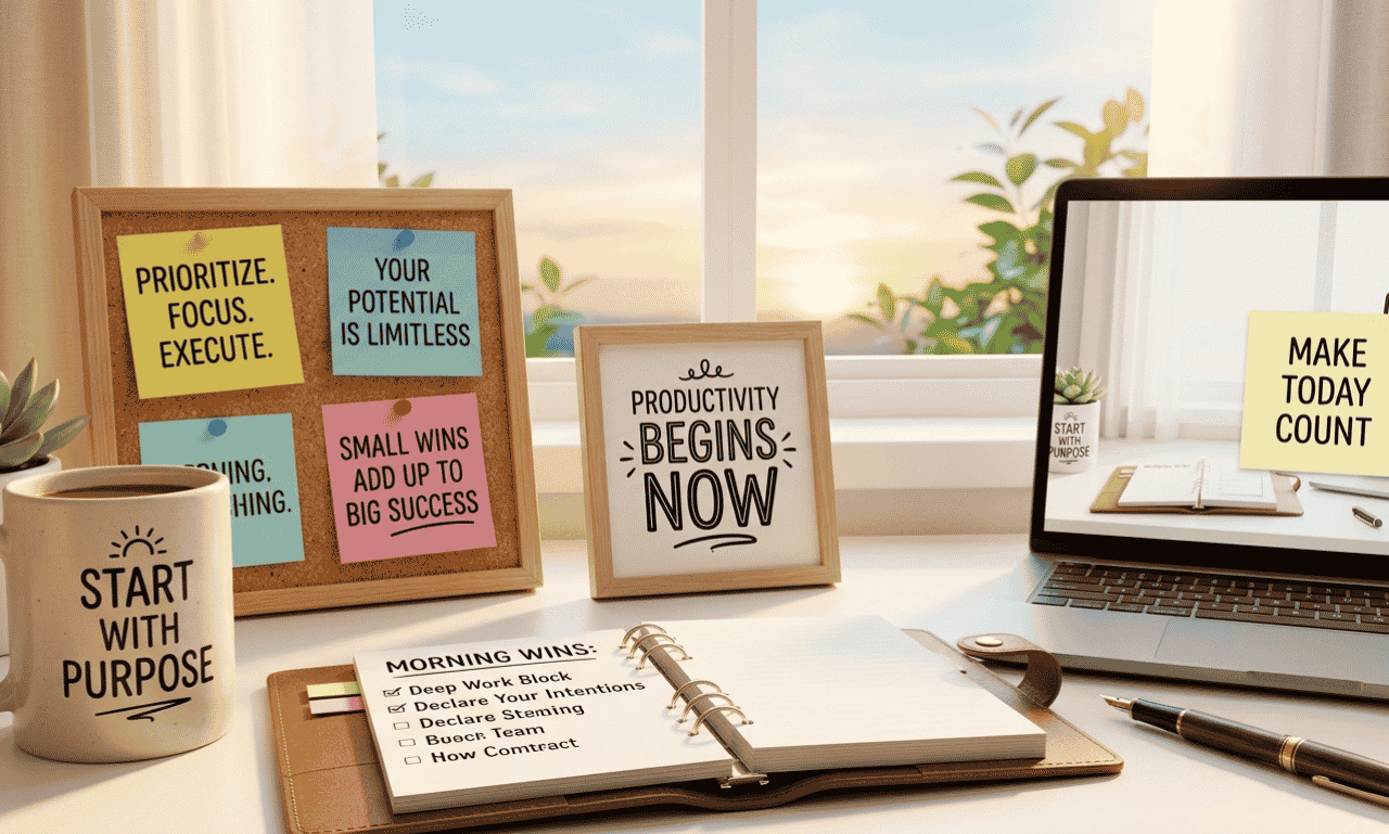 Positive Morning Messages for work and productivity with a motivational workspace, planner, laptop, and inspirational notes