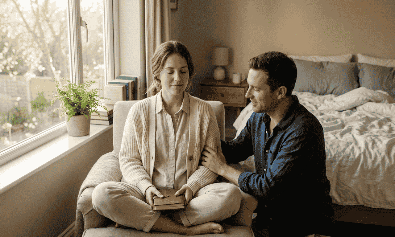 couple sharing a peaceful morning prayer moment together at home