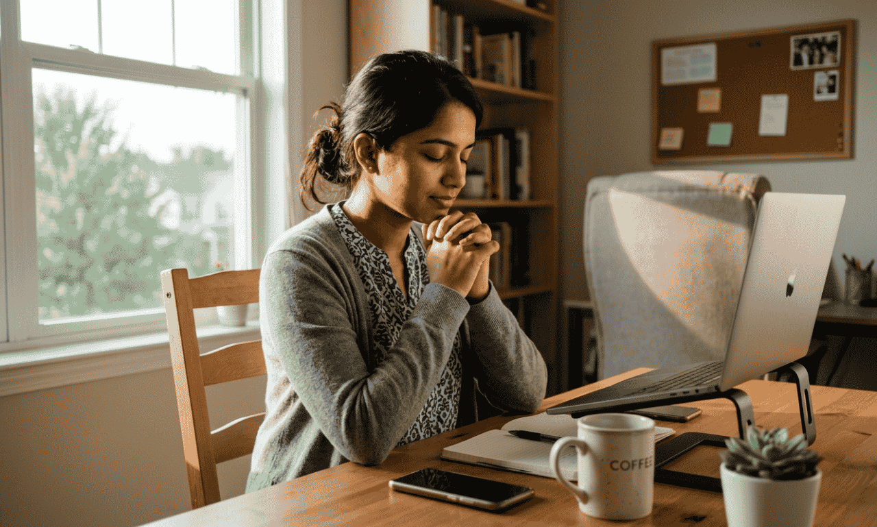 woman praying peacefully at home during a quiet morning reflection