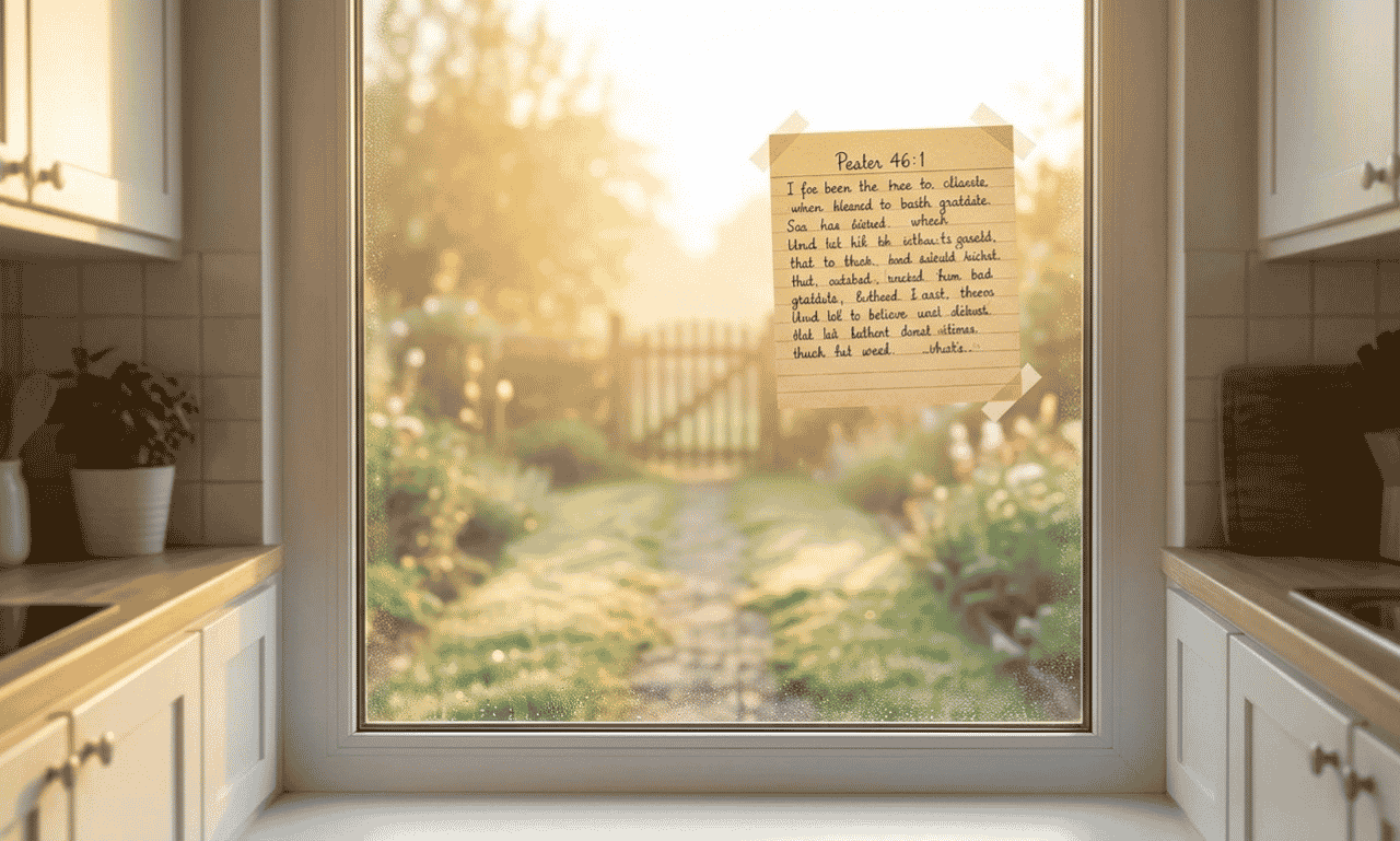 Good Morning Bible Verses scripture note displayed near a sunny window with peaceful morning light