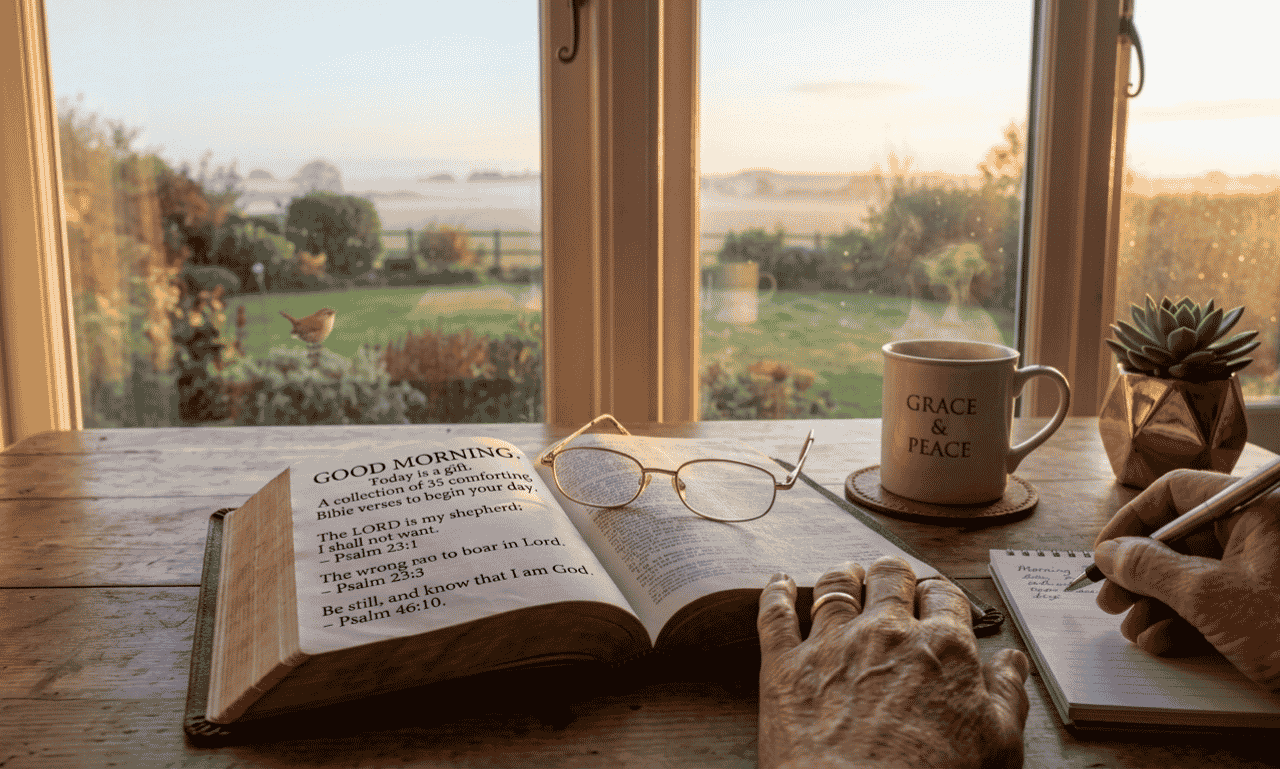 Good Morning Bible Verses with open Bible, coffee cup, and peaceful morning sunlight