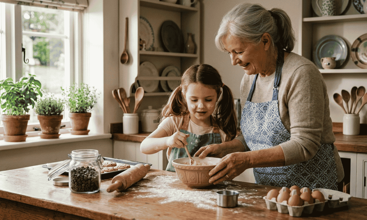 Grandmother and granddaughter baking together in a warm kitchen showing family love and connection