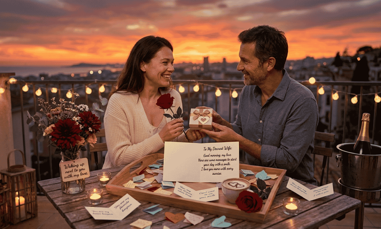 romantic morning wishes for her with couple sharing love messages and flowers