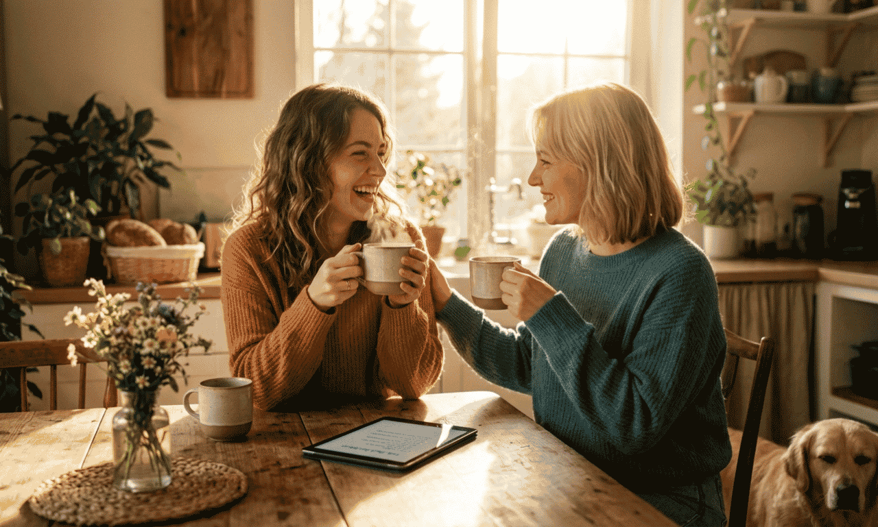 two friends sharing coffee and smiling together during a peaceful morning at home