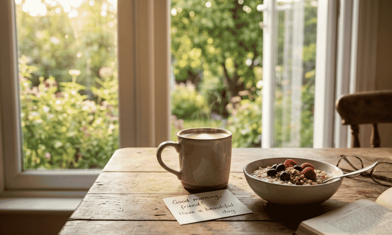 good morning quotes for friends with two coffee cups and flowers creating a positive morning atmosphere