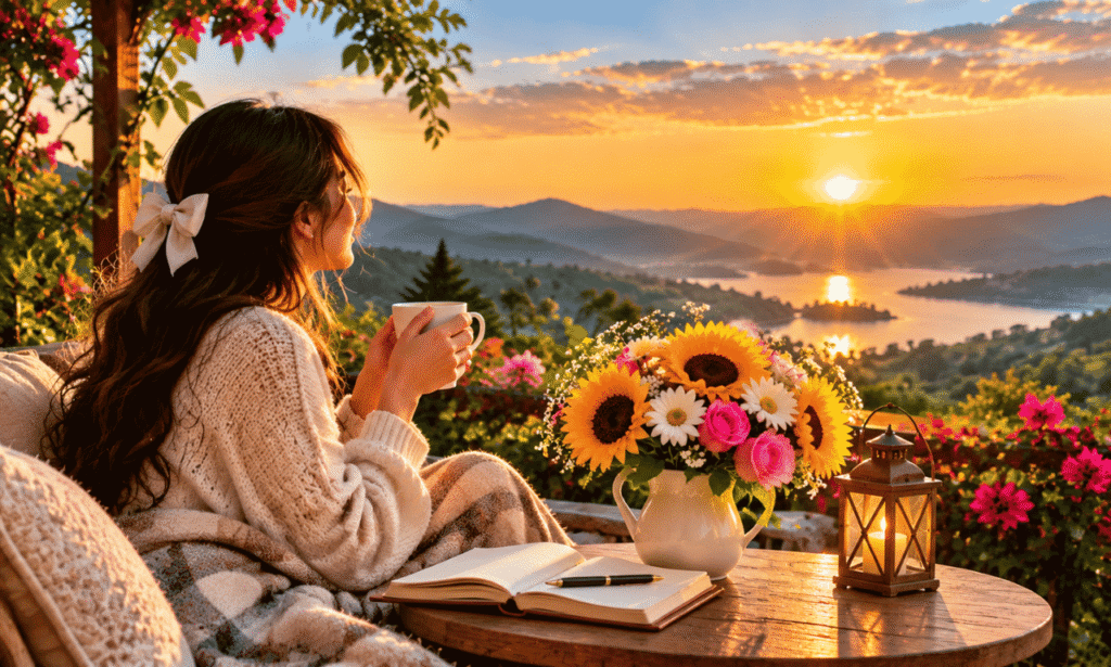 Happy Blessed Monday morning blessing with a peaceful sunrise, flowers, and a person enjoying a hopeful new week