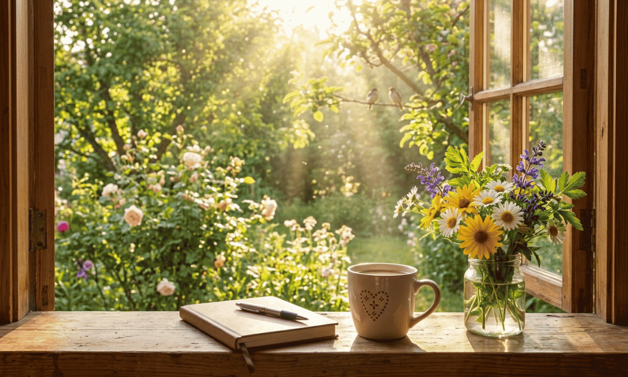 Peaceful morning window view with a coffee cup, journal, flowers, and sunlight shining through a green garden