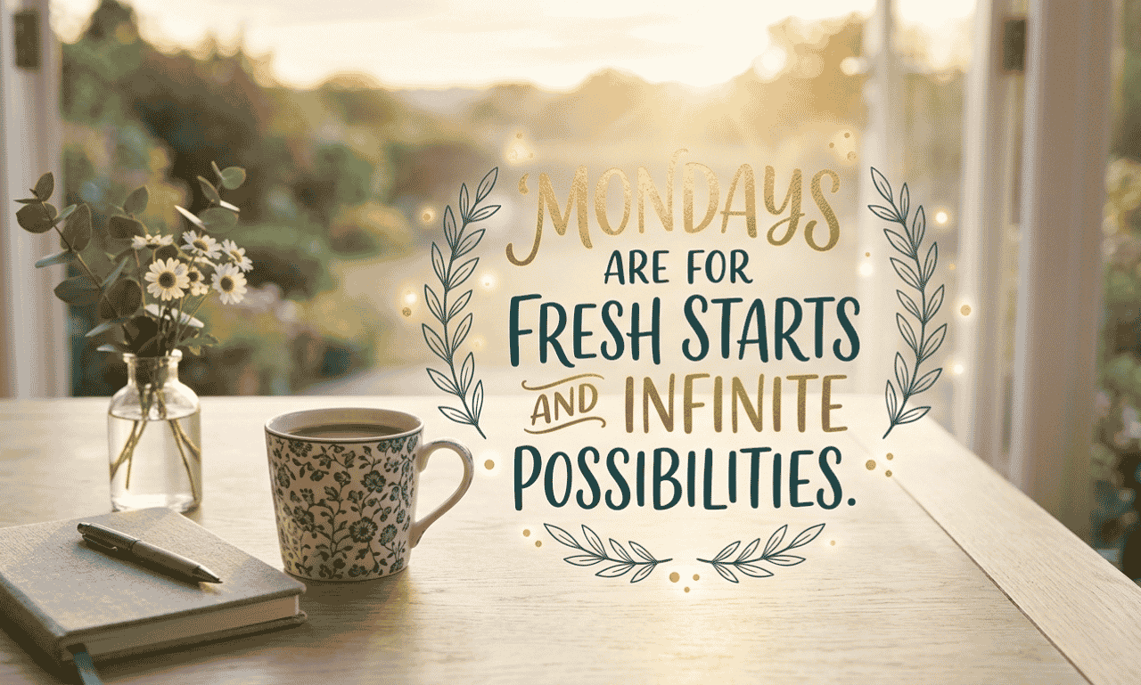 Happy Blessed Monday quote image with a coffee cup, journal, flowers, and a peaceful morning background representing fresh starts
