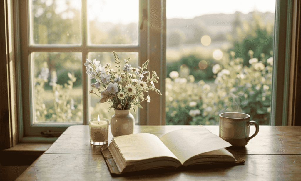 Peaceful Tuesday prayer scene with an open book, flowers, candle, and coffee cup near a sunny window
