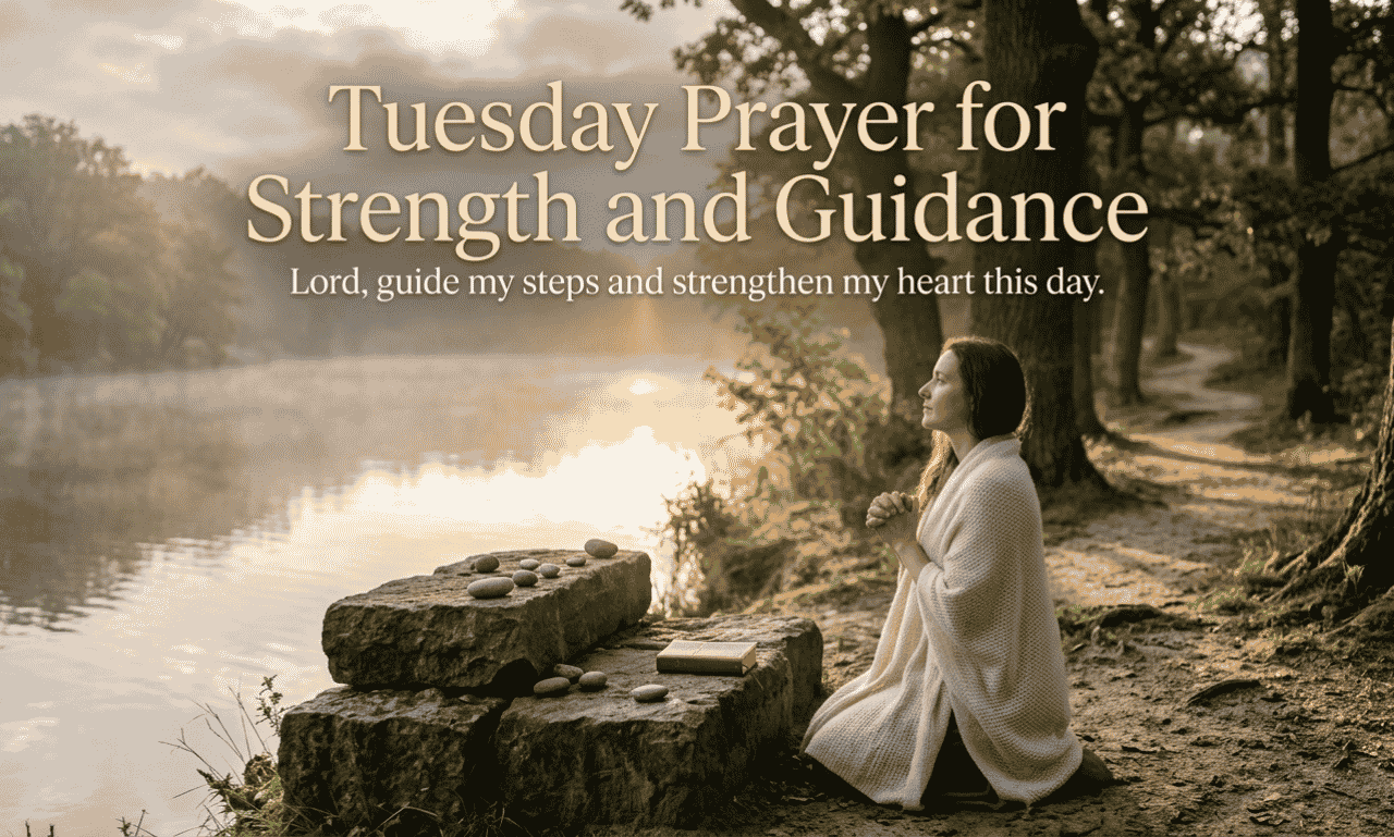  Happy Tuesday prayer for strength and guidance with a person praying beside a peaceful lake during sunrise