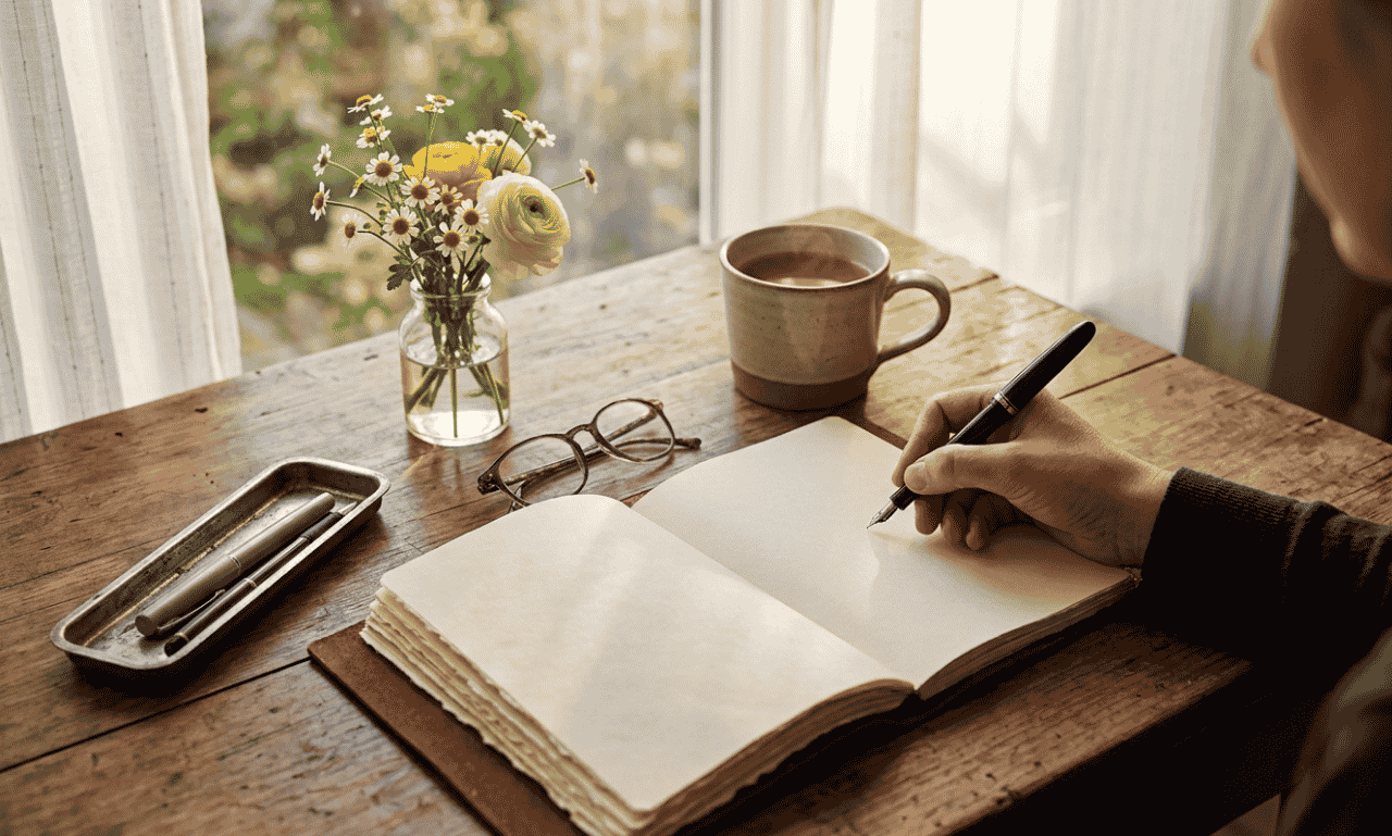  Happy Tuesday prayer with a person writing a prayer journal beside coffee and flowers near a bright window