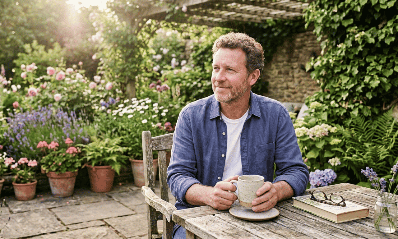 Happy Tuesday Blessings morning image showing a peaceful garden with coffee and nature