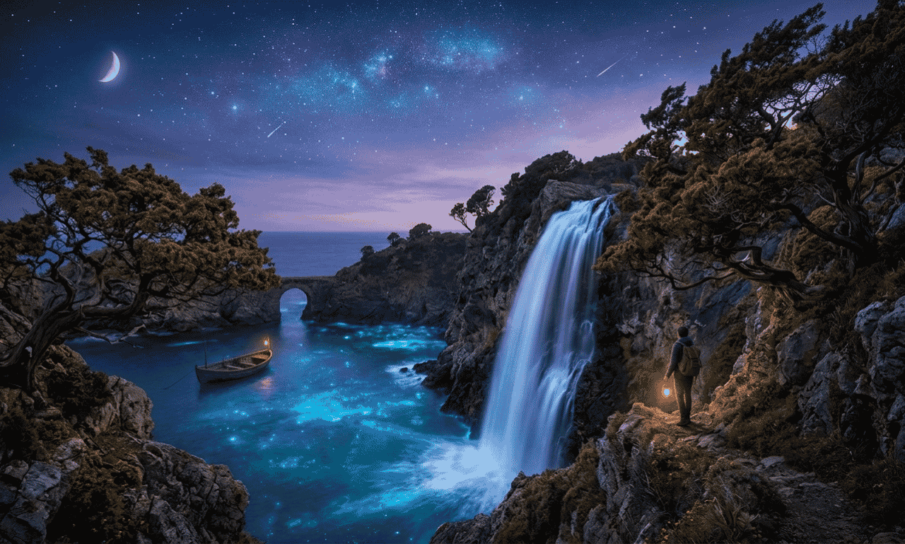 Happy Tuesday Blessings night scene with a starry sky, waterfall, and peaceful nature landscape