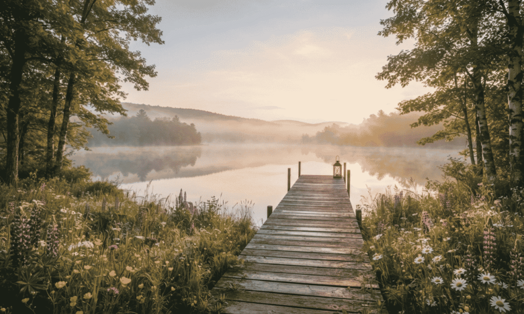 peaceful Thursday morning blessings background with calm lake, sunrise, and nature scenery