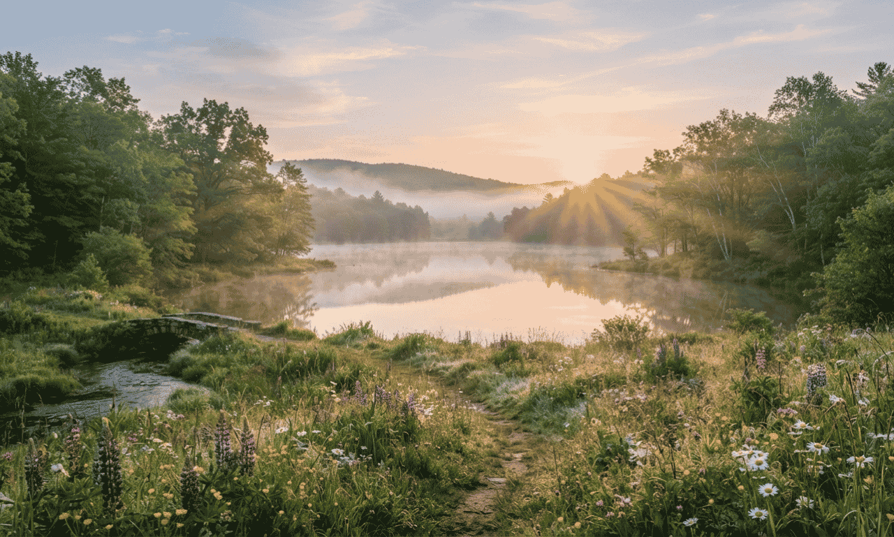 peaceful Thursday morning blessings background with sunrise, lake, and beautiful nature landscape
