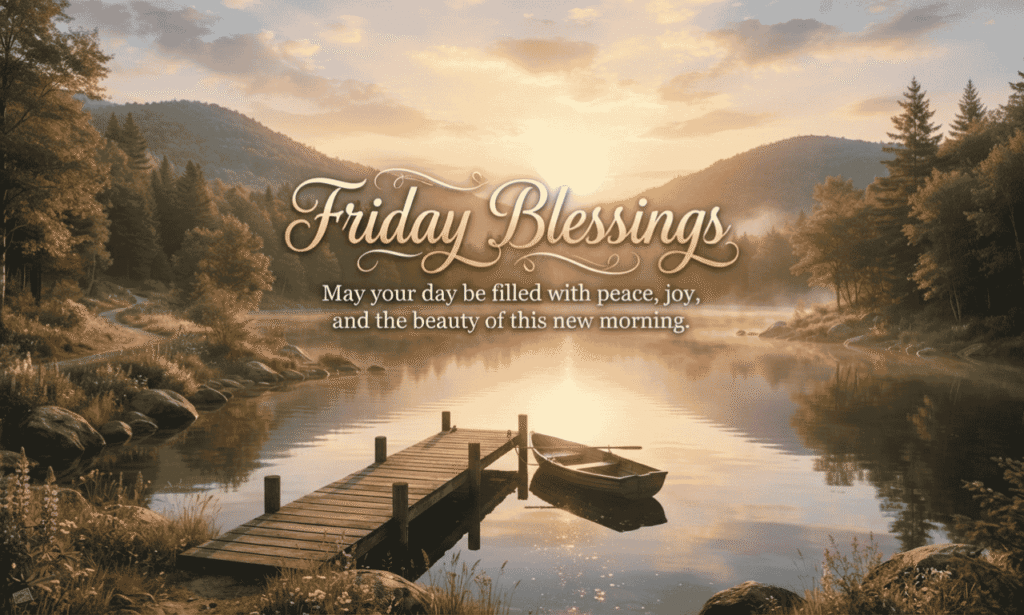 Friday Blessings Images with sunflower field and joyful Friday greeting message