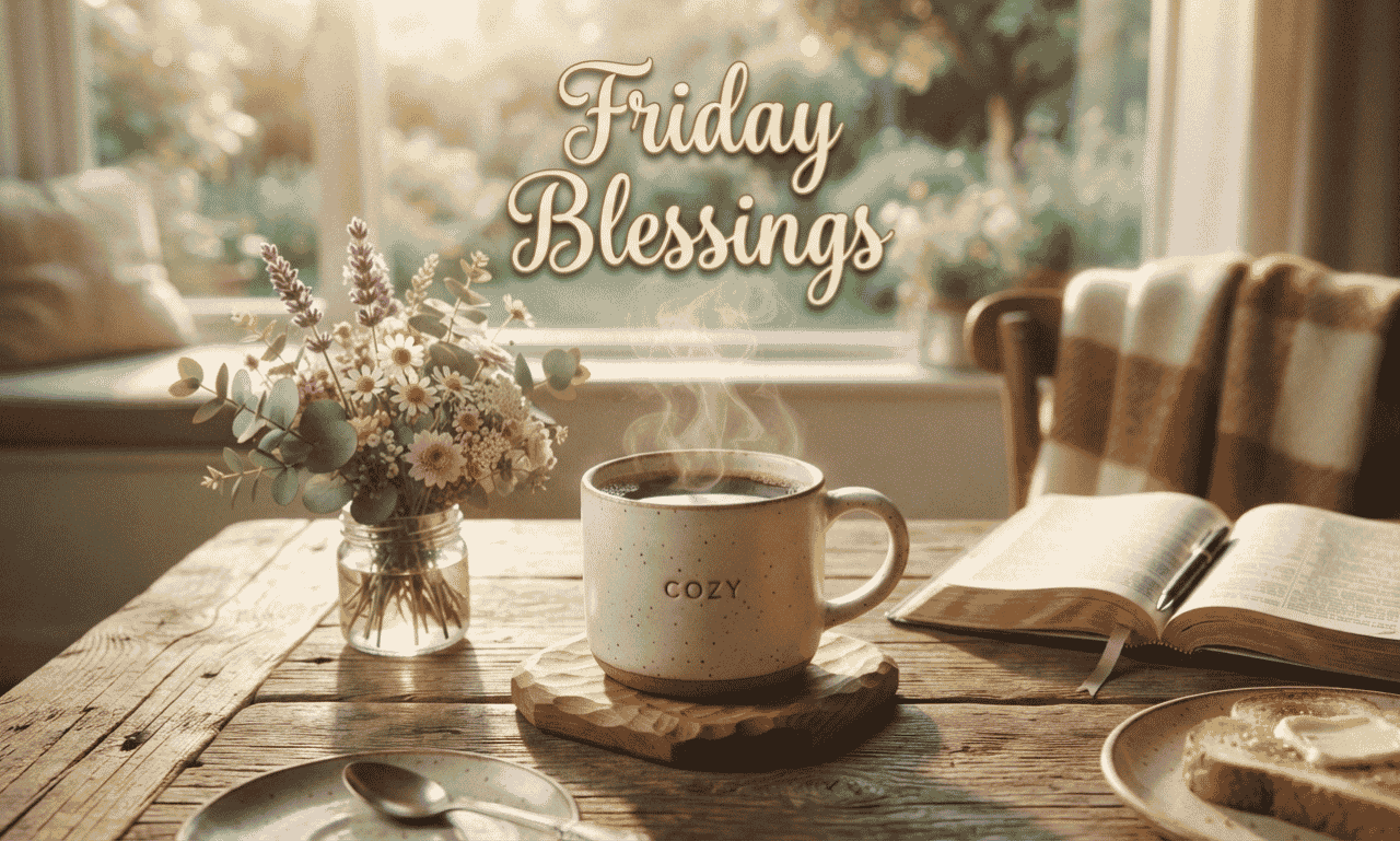 Friday Blessings Images with coffee, flowers, and peaceful morning greeting