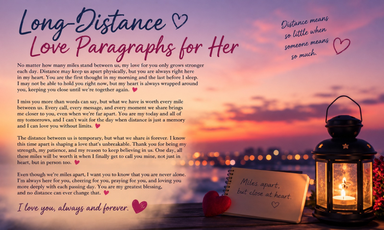 Sunset lake view with a lit lantern, red heart, and notebook titled Long-Distance Love Paragraphs for Her.