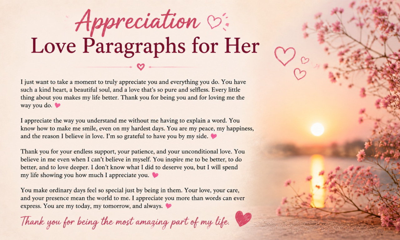 Pink sunset background with cherry blossoms and text reading Appreciation Love Paragraphs for Her.