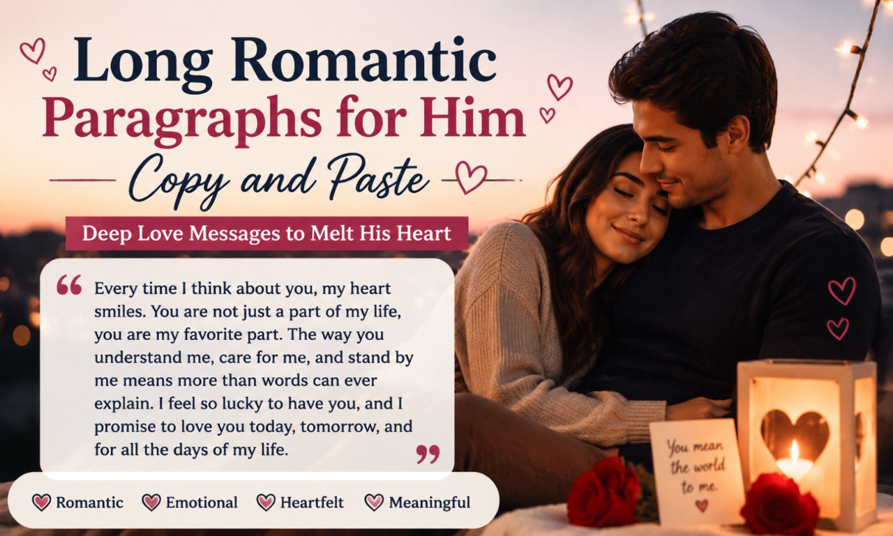 Cozy couple embracing with text reading Long Romantic Paragraphs for Him Copy and Paste.