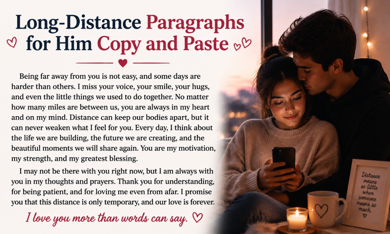 Couple embracing indoors while looking at a smartphone, titled Long-Distance Paragraphs for Him Copy and Paste.