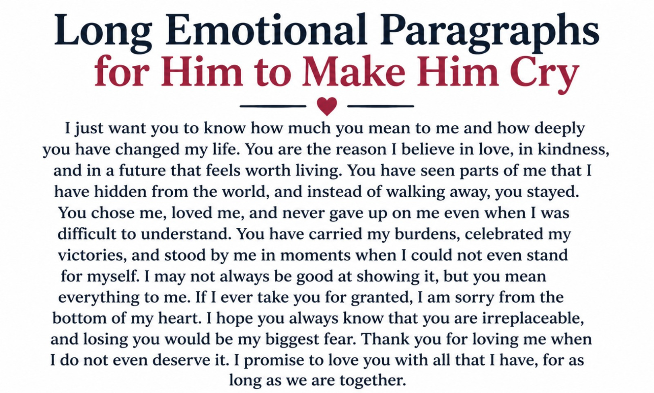 Text card featuring Long Emotional Paragraphs for Him to Make Him Cry with a red heart icon.