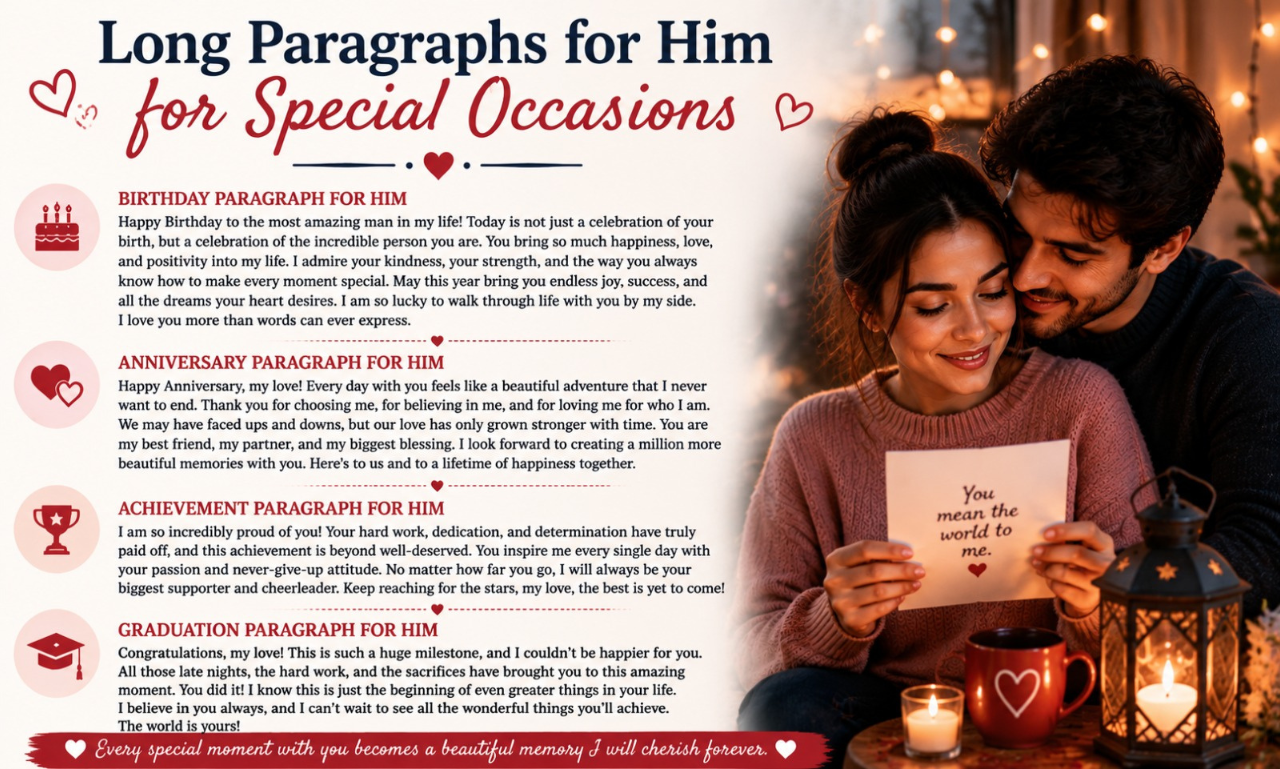 Cozy couple reading a card together next to paragraphs for birthdays, anniversaries, achievements, and graduation titled Long Paragraphs for Him for Special Occasions.