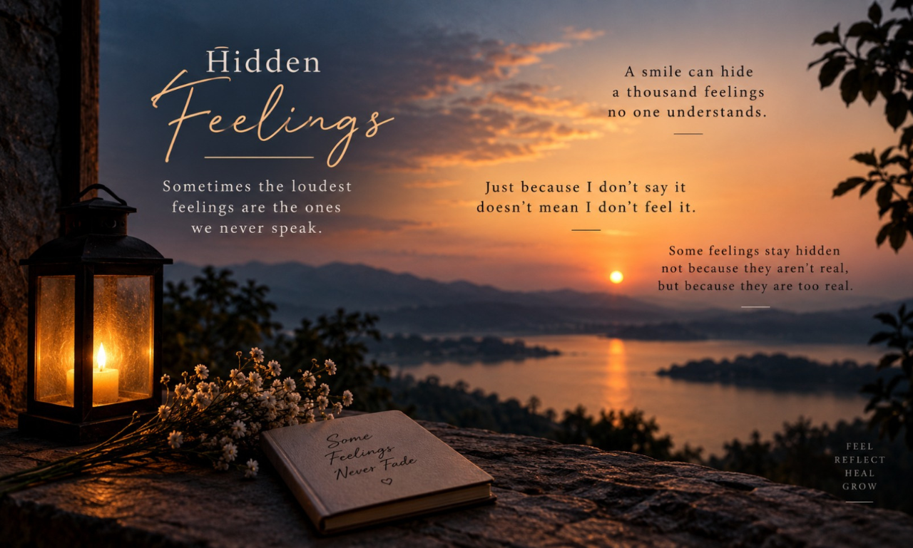 Sunset landscape with a lit lantern, book, and flowers titled Hidden Feelings.